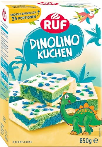 RUF Dinolino Kuchen, dreifarbiger Blechkuchen Zitronen-Geschmack mit Zuckerglasur und bunten Dino-Streuseln, perfekt für Kindergeburtstage und Babyshower-Partys, 850g