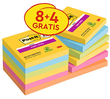 Post-it Super Sticky Notes Carnival Collection, Vorteilspackung mit 8 Blöcken + 4 Gratisblöcke, 90 Blatt pro Block, 76 mm x 76 mm, Gelb, Blau. Grün, Pink. Orange - Extra-stark klebende Notizzettel