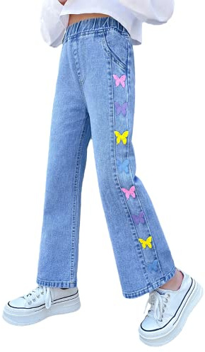 Rolanko Girls Jeans Bootcut Ripped Elasticated Waist Retro Style Denim Pants for Kids Fit
