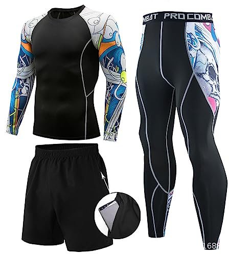 Traje de compresión para Hombre Conjunto Deportivo de 3 Piezas Trajes de Gimnasio de Secado rápido con Estampado gráfico Ropa Interior Mallas de Gimnasio Capa Base Top y Leggings Pantalones