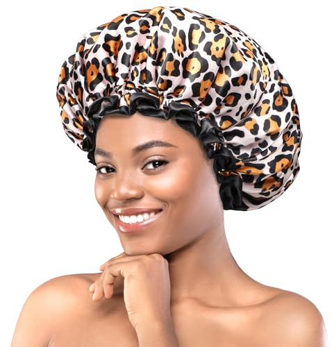 mikimini wiederverwendbare Duschhaube für Damen mit elastischem band mit sicherem halt - Leopardmuster wasserdichte Doppelschicht, waschbare spa-haarabdeckung für langes dickes haar