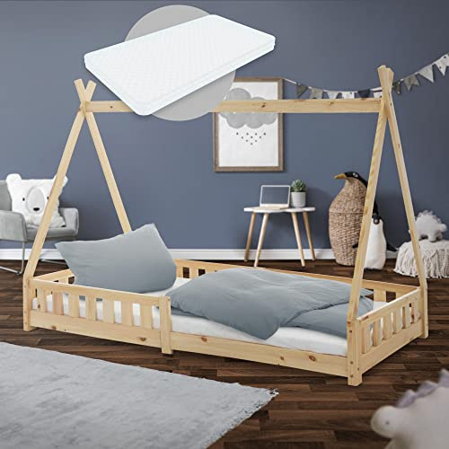 ML-Design barnsäng Tipi 90x200 cm natur med madrass H:16cm, fallskydd & spjälram, furuträ, Indisk säng massivt trä för flickor & pojkar, hus säng med staket, ungdomssäng lekbädd träbädd