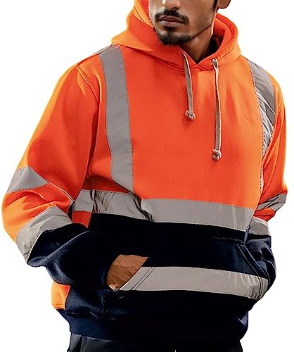 Sweat à capuche pour homme - Rayures réfléchissantes - Vêtement de travail de rue - Veste de sécurité exécutive - Veste de sécurité à manches longues - Sweat à capuche - Haute visibilité - Orange - L