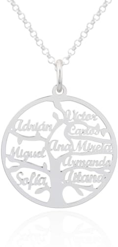 Collar Personalizable Árbol de la Vida con nombres para Mujer Personalizado, con cadena Rolo de 40cm + Alargador. Gargantilla ideal para regalar a madres o abuelas. (Circular hasta 9 Nombres)