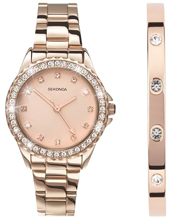 Sekonda Elizabeth Gift Set Rose Gold Bracelet Pink Dial Rose Gold Bangle Women's Quartz Watch 33mm with Stone Set Case, Analogue Display and Stainless Steel Bracelet