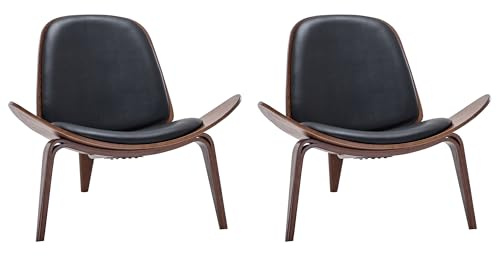 BELLEZE Shell Chairs Set of 2, Armless Mid Century Modern Accent Chairs Faux Leather Shell Lounge Chairs for Living Room Bedroom, Tripod Side Chairs with Padded Seat, Solid Wood- Avalon (Black)