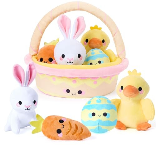 JOYIN Lot de 5 paniers de Pâques en peluche - Panier rempli de lapin, poussin, œuf, carotte, panier de Pâques pré-rempli de remplissage d'animaux, jouets de Pâques et cadeaux pour bébés, tout-petits