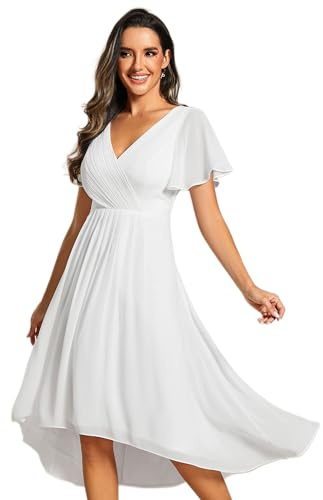 Ever-Pretty Women's Formal Wedding Guest Dress V-Neck Ruffle Sleeve Chiffon Gown with Flowy High-Low Hem in Bridesmaid Prom 01923