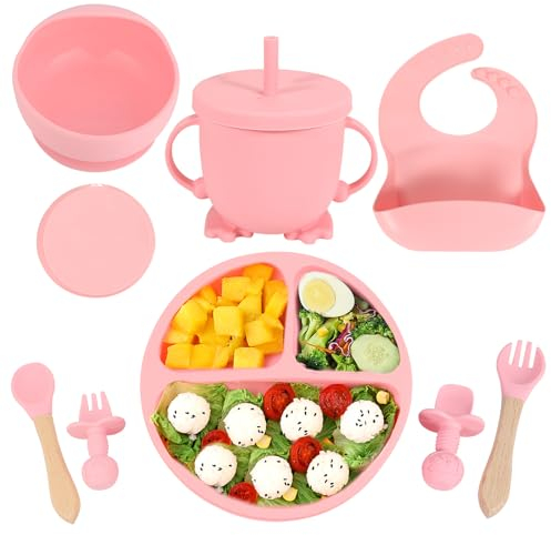 QINONEY 8 Stück Silikon Baby Geschirrset, Rutschfest Kindergeschirr Set, Kindergeschirr mit Saugnapf, Rutschfest Baby Schüssel,Baby-Teller, Baby-Besteckset für Kleinkinder, BPA Frei (Rosa)