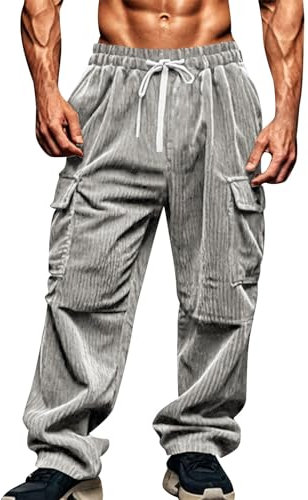 SOOUICKER Cordhose Herren Baggy mit Seitentaschen Cargohose Herren Cord mit Gummizug Cargohose Herren Winter Weites Bein Jogginghose Herren Vintage Ohne Bündchen Sporthose Herren Lang Cargo