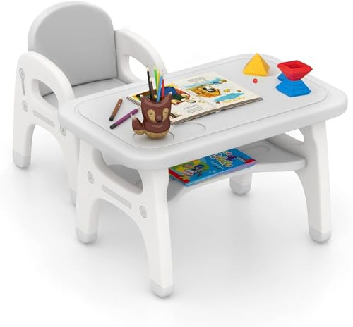 FANTASK Mesa infantil con silla en diseño de dinosaurios grises, mesa de pintura, mesa para manualidades, grupo de asientos infantiles con bloques de construcción y estante, juego de sillas para niños