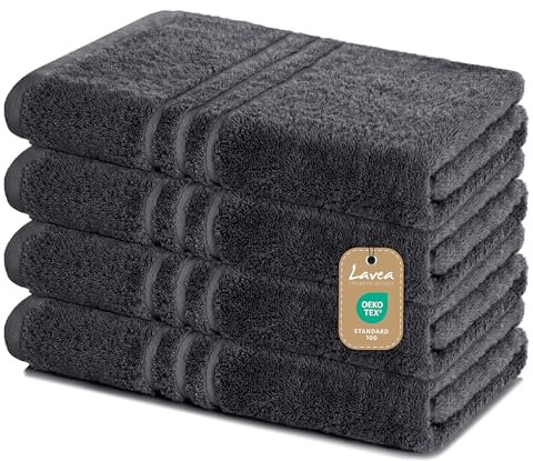 Lavea Duschtücher 4er Set – 70x140 cm – 100% Baumwolle – Weiche & Saugfähige Frottee Handtücher – 500 g/m² – Einfarbig & Zweifarbig – ÖKO-TEX Zertifiziert – Waschbar bis 60°C - Anthrazit