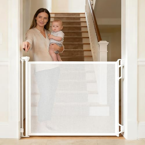 SPACEANY Retractable Safety Baby Gate or Mesh Dog Gate,Durable Portable Mesh Gate,Easy to Use for Stairs, Doorways, Hallways, Indoor, Outdoor, 33.5 Tall, Extends to 45 Wide,White (White, Extra Wide)