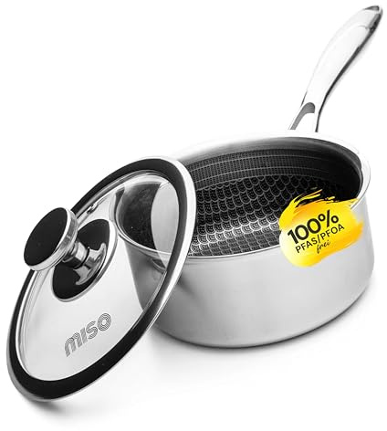 MISO Stielkasserolle mit Deckel 16cm (1,6L) Diamond Dust Keramik Non-Stick, Hochwertige Kasserolle aus Tri-Ply Edelstahl, 100% PFAS-frei, Induktion, spülmaschinen- & ofenfest