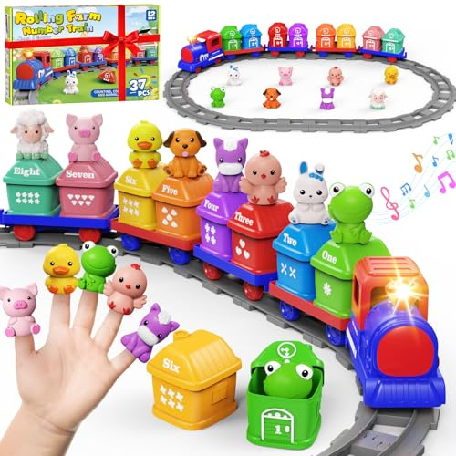 Cmiolacuna Conjunto eléctrico de Tren Juguetes para niños pequeños 1 2 3 4 años de Edad con Pistas Luces de música, Juguetes de Aprendizaje con 8 Animales, Regalos de cumpleaños para niños