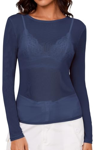 IECCP Haut En Maille Femme Sexy Haut En Résille Transparent Noir Manches Longues Casual Tops Chemisier Transparent Blouse En Tulle Maille T-Shirt Tunique