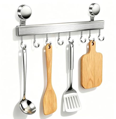 NCOALE Utensil Rack, 40cm Kitchen Rail with 8 Hooks Utensil Hooks with Suction Cup Removable Kitchen Utensils Holder for Spoon Mugs Towels and Cooking Accessories (Grey)