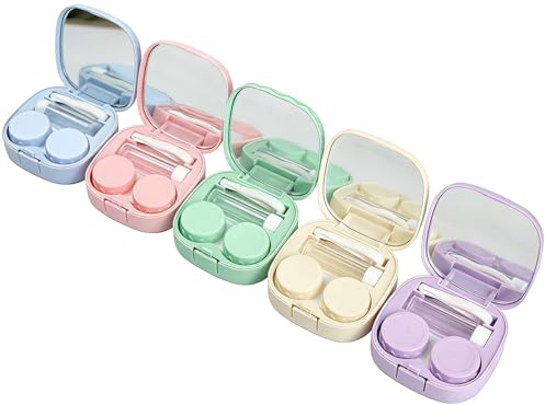 BeoTnp 5 PCS Contact Lens Cases with Mirror, Portable Travel Contact Lens Case, with Tweezers & Solution Bottle, with L and R Caps for Travel & Home
