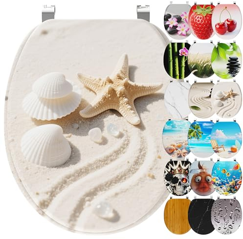 Ribelli WC Sitz mit Absenkautomatik, Toilettendeckel O-Form in Viele Motiven, Klodeckel Einfache Montage, Leicht zu Reinigen, ca. 46 x 37cm (Muscheln Strand)