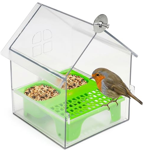 Nuiorfty Comedero para Jaula de pájaros – Cajón extraíble para fácil Recarga y Limpieza comedero para pájaros Transparente diseño Divertido de Villa con Percha para periquitos y pequeños