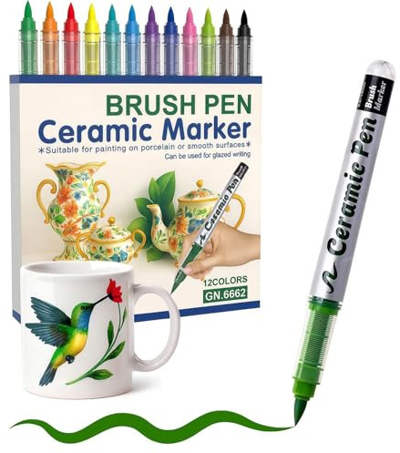 12 Colors Porcelain Pens, Ceramic Paint Markers with 1-8mm Brush Tip, Bake Fix Permanent Acrylic Ink for Mugs Plates Glass, DIY Crafts Christmas Ornaments Wine Glass Decor (Multicolor)