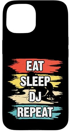 Carcasa para iPhone 15 Eat Sleep DJ Repeat Retro Tocadiscos DJ