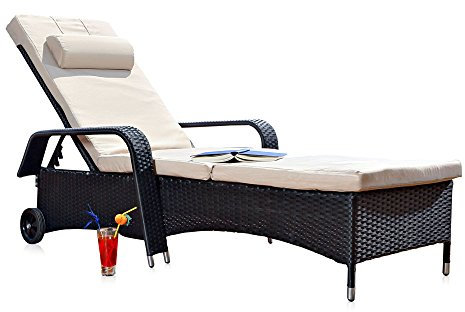 Melko Sonnenliege mit Rollen Rattanliege wetterfeste Rollliege Rückenlehne mehrstufig verstellbar Balkonliege