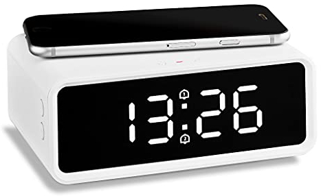 ADE CK2010 digitaler Wecker, kabelloses induktives Laden QI Smartphone 10W, mit Ladestation Wireless Charger, Dual-Alarm, Uhrzeit, Temperaturanzeige, LCD Display, Nachttisch Uhr