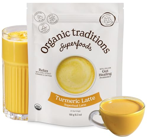 Organic Traditions Turmeric Powder Latte, Golden Milk Powder with Coconut Milk, Turmeric Extract, Saffron, Ginger Powder, Cinnamon, Lightly Sweetened, Golden Milk Drink with Probiotics, 150g / 5.3oz