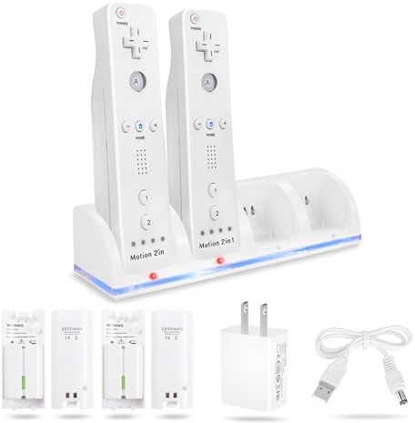 4-in-1 Charging Station for Wii&Wii U Remote Controller,Charger with 4 Rechargeable Battery Packs (4 Port Charging Station+4 pcs 2800mAh Replacement Batteries+USB Cable),Remote Not Included