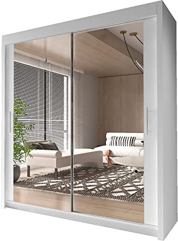 INTERWOOD Modern Full Mirror 2&3 Sliding Doors Wardrobe With Adjustable Shelves, Hanging Rails, Bedroom Furniture (White 150cm)