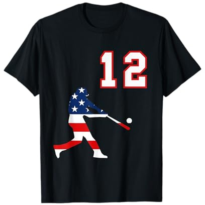 Joueur de baseball numéro 12 avec drapeau américain T-Shirt