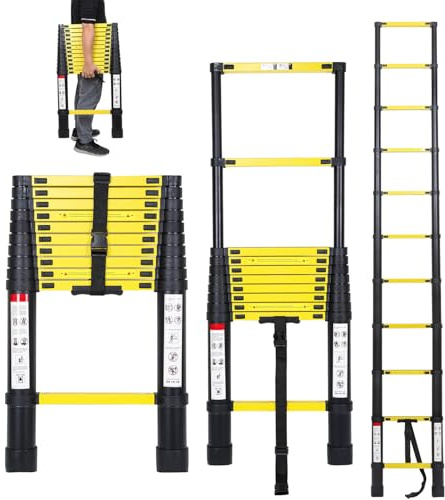 Cecaylie Teleskopstege i aluminium med avtagbar hake, 3,2 meter utdragbar stege, halkfri aluminiumstege, stående stege, multifunktionsstege, utdragbar stege med 150 kg lastkapacitet, svart gul