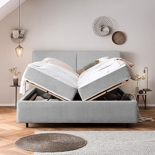 Bett mit Bettkasten 180x200 Bari Teddystoff, ohne Matratze, Lattenrost, XXL Stauraum, Designer Polsterbett, Doppelbett, Aufbau KOSTENLOS (Grau, 180x200 cm ohne Matratze)