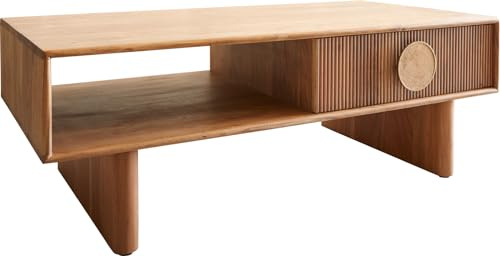 DELIFE Beistelltisch Surimu Akazie Hellbraun 115x60 cm 2 Schubladen Kork-Griff Holzfüße Couchtisch