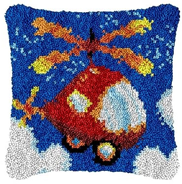 ROCKY&CHAO Myriad Choices Latch Hook Cushion Kits for Adults, Latch Hook Pillow Case Kits Embroidery Kits 17X17Inch, DIY Needlework Pillow Cover Sofa Cushion Rug Making Kits,43x43 cm - Helicopter