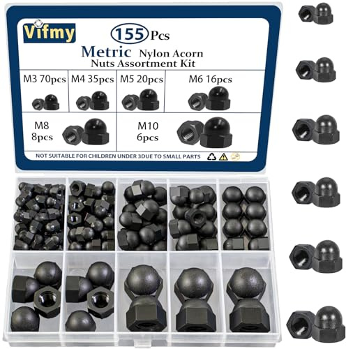 Vifmy Metric Black Nylon Acorn Nuts Assortment Kit,M3 M4 M5 M6 M8 M10 155PCS UNC Cap Nuts Sets,Nut Caps for Bolt,Dome Head Hex Nuts for Indoor Outdoor