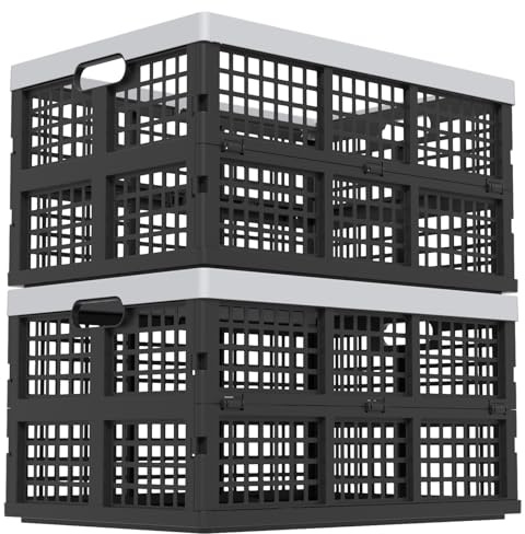 Yesdate Collapsible Utility Crate Storage Bin, Folding Plastic Stackable Utility Crates, Black, 2PK - 42L
