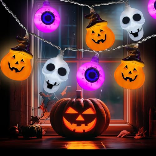 Luci Halloween, 3M 20 LED Decorazioni Halloween Luci led a Batteria, Decorazioni Autunnali Luminosa a Forma di Zucca et Teschio, Addobbi Autunnali per interni&esterni Casa Festa Giardino Veranda