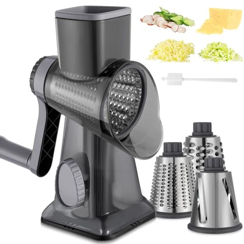 EDEFISY Cheese Grater Hand Crank Rotary Vegetables Shredder with Handle, 3-in-1 Graters with Interchangeable Blades and Non-slip Base Multifunctional Slicer for Kitchen