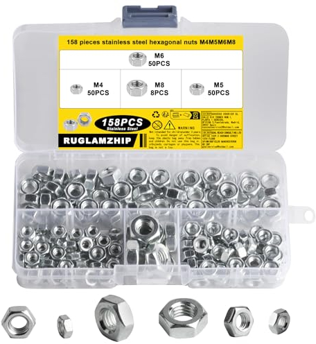 158 STK M4 M5 M6 M8 Muttern, Sechskantmuttern, DIN 934 Standard A2 V2A Edelstahl Sicherungsmuttern, Selbstsichernde Muttern Stopmuttern, Edelstahlmuttern für Gewindestange Schrauben - M4 M5 M6 M8