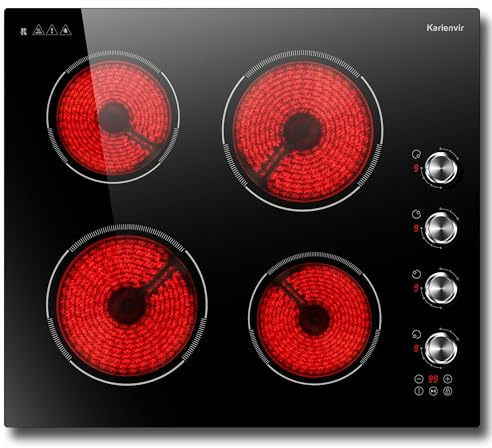 Karienvir Placa Vitroceramica 4 fuegos 60cm, Vitrocerámica con Control por mando, 9 niveles de potencia, Pausa, Temporizador 99min, Bloqueo de seguridad