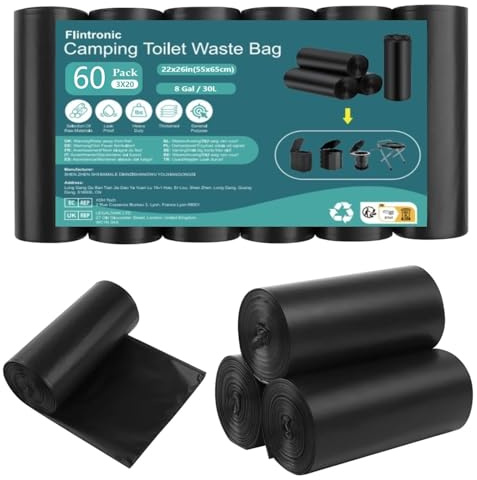 Flintronic Camping Toilet Bags, 60 PCS (3 Roll) Camping Toilet Liner Bags, Portable Toilet Bags, Waterproof Camp Trash Bags for Camping, Hiking, Travel, Kitchen, Home