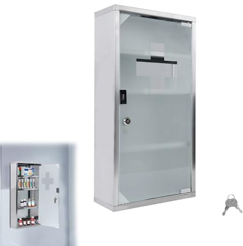 Suusolny Medizinschrank Apothekerschrank mit Glas Tür und 2 Schlüssel abschließbar Medikamentenschrank aus Edelstahl Hängend Arzneischrank - 4 Fächer 57,5 x 30 x 12 cm