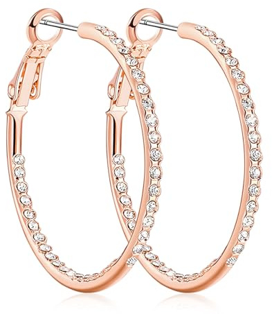 KOSE 14K Gold Hoop Earrings for Women Hypoallergenice, 35mm Rhinestone Hoop Earrings with 14K Gold Plated, Gift for Women and Friend (Rose Gold)