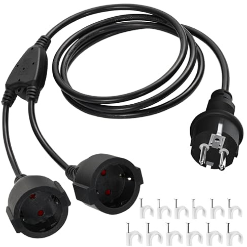 Verlängerungskabel Doppelstecker für Steckdose 2m, Schuko Mehrfachstecker 2 Fach Steckdosen 2er Steckdosenadapter 3680W Verlängerung Doppelsteckdose Außen für Zuhause, Büro Außenbereich Schwarz