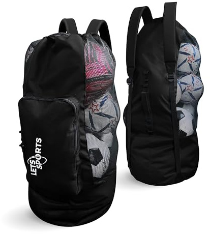 LETS Sports Soccer Ball Bag for Basketball, Volleyball & Football | Large Drawstring Ball Bags Mesh | Heavy-Duty Soccer Ball Bags for Coaches | Equipment Bag w/Shoulder Strap | 37 x 17 Black