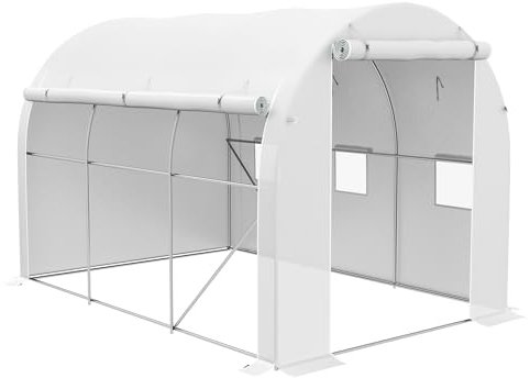 Outsunny Serre de Jardin 6 m² 3 x 2 m avec 1 Porte + 2 parois latérales zippées enroulables, 6 fenêtres, Acier galvanisé PE Haute densité 140 g/m² Anti-UV Blanc