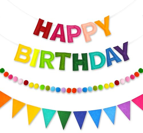 CANREVEL Pre-Strung 3D Rainbow Happy Birthday Banner, 3 PCS Happy Birthday Felt Sign, Pom Pom Garland, Triangle Fabric Bunting, Colorful Reusable Birthday Decorations for Women Men Girls Boys, Multi