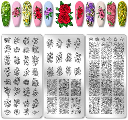 PH PandaHall 3 placas de estampado de uñas de flores, 68 patrones florales de rosas, plantillas de arte de uñas, plantillas de arte de uñas de acero inoxidable, placas de imagen de uñas para mujer,